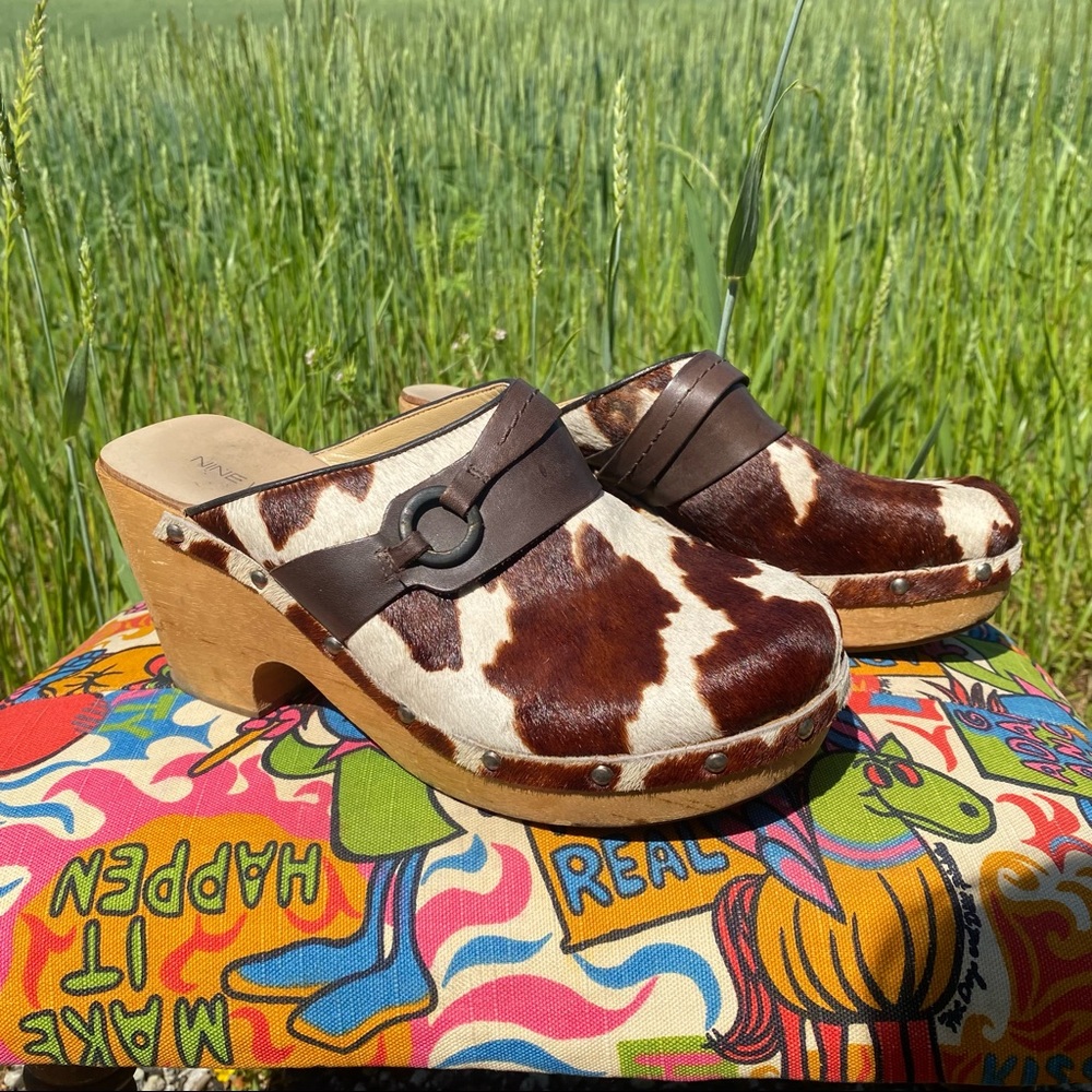 Vintage 1990s Nine West Cow Print Pony Hair Wooden Clogs